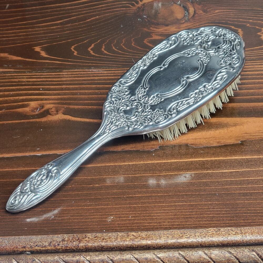 VTG Heavy Silver Plated Ornate Floral Filigree Grooming Vanity Hair Brush 7.75"